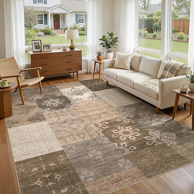 UERMEI 8x10 Area Rug for Living Room, Washable Brown Modern Geometric Patchwork Non Slip Stain Resistant Low Pile Foldable Carpet for Bedroom Dining Farmhouse Home Office