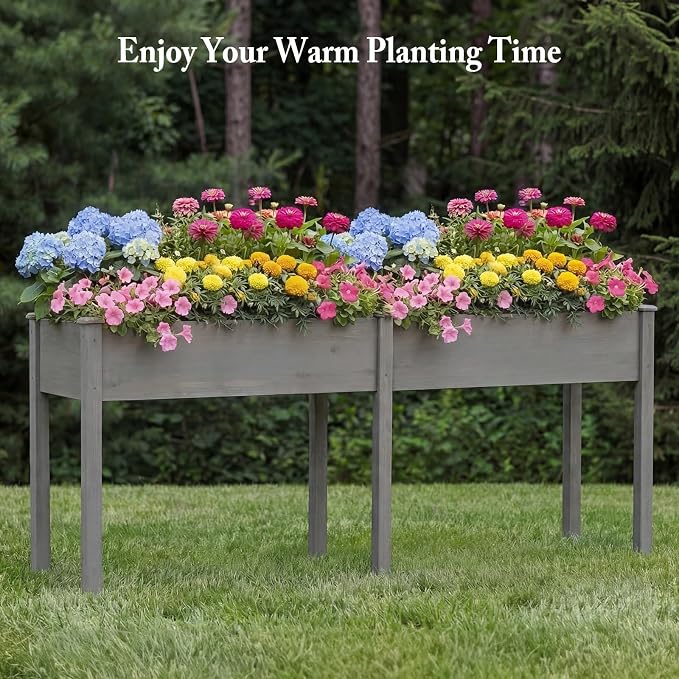 DUMOS Raised Garden Bed 72x23x30 Inch, Outdoor Planter Box with Legs, Elevated Wood Garden Bed with Liner for Herbs Flowers Vegetables, Wooden Planter Box for Patio, Balcony, Backyard, Grey