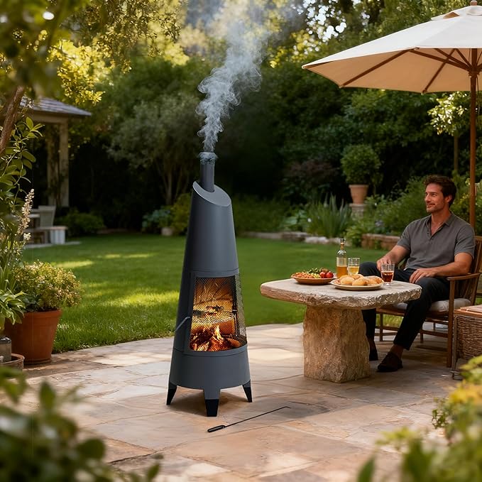 SUNJOY 2-in-1 Chiminea Fire Pit & Grill, 57" Tall Outdoor Fireplace with Removable Stainless Steel Grill Grate, Spark Screen & PVC Cover for Patio, Backyard, Cooking - Grey