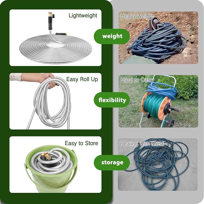 25FT Metal Garden Hose 304 Stainless Steel Flexible Water Hose - No Kink & Tangle Heavy Duty Pipe with Nozzle, Durable 3/4 Brass Fittings and Valve - Rust Proof Puncture Proof for Yard Lawn
