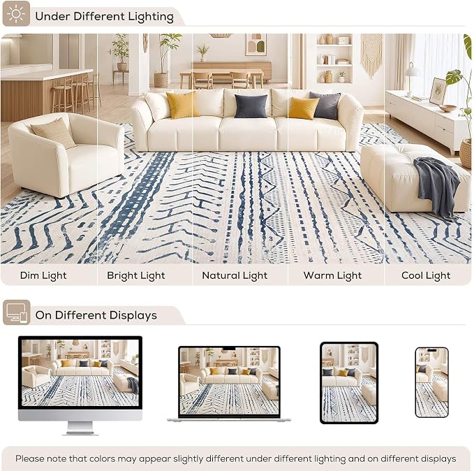 Nakagishi Boho 5x7 Area Rug Living Room Rugs Machine Washable Navy Blue | Soft, Pet & Kid Friendly, Carpet for Living Room/Bedroom/Office/Kitchen/Nursery, Daily Home Decor Stain Resistant Moroccan