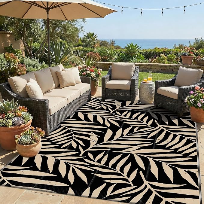 Smiry Outdoor Rug 5x8 ft, Waterproof Reversible Plastic Straw Rugs, Outdoor Area Rug with Leaf Pattern, Outside Floor Mat for Patio, Backyard, Deck, Picnic, Beach, Camping, Black & Beige