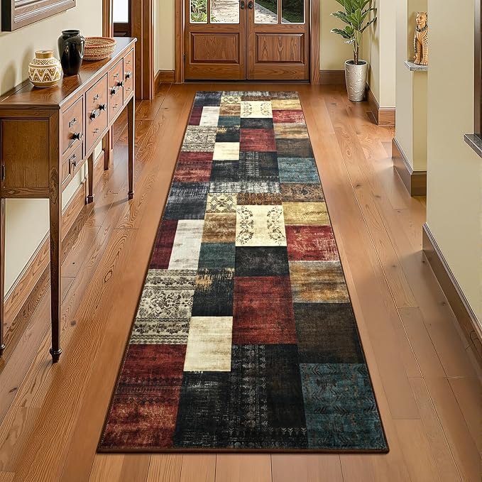 Runner Rug for for Hallways, 2'x6' Washable Kitchen Rugs with Non Slip Rubber Backing, Soft Low Pile Non-Shedding Geometric Carpet for Laundry Bedroom Bathroom, Colorful