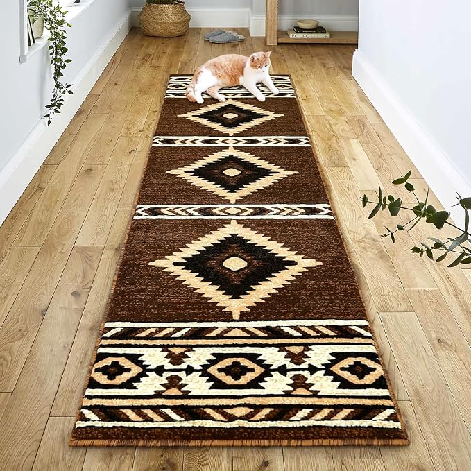 YHSF Southwestern Area Rug - Anti Static & Washable - Mocha, 2 ft x 7 ft | Soft Native American Tribal Floor Rugs for Living Room, Bedroom, Hallways, and More - Easy-to-Clean Home Decors