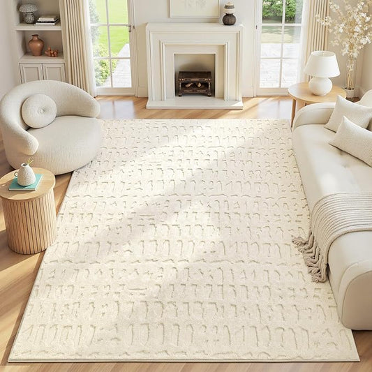 Yamaziot Washable 5x7 Area Rugs for Living Room Textured Non Slip Rug Beige | Modern High-Low Geometric Pattern, Soft Fluffy, Neutral, Minimalist Floor Carpet for Bedroom Dining Room Nursery Kids Room