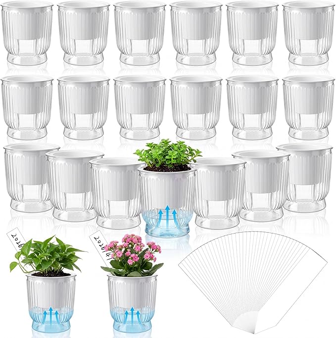20 Sets 4 Inch Self Watering Pots Bulk Small Plant Pots with Inner Reservoir, Clear Self Watering Wick Planter Plastic Plant Labels for Indoor Succulents Herbs Flowers Pothos