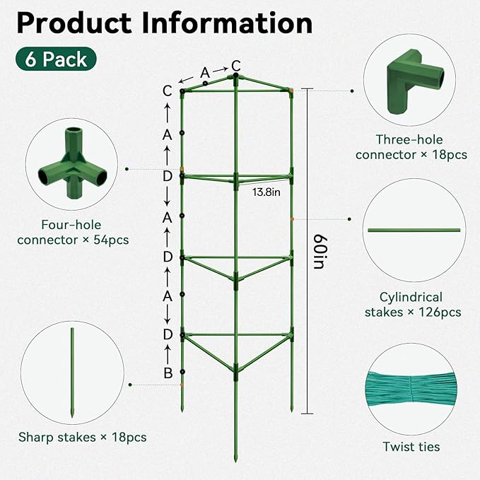 Halatool 6 Pack Tomato Cages for Graden 60 Inch, Adjustable Metal Tall Heavy Duty Tomato Trellis Plant Support, Tomatoes Stakes for Climbing Vegetables Flowers Fruits