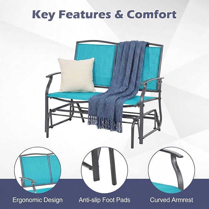 Tangkula 2-Person Patio Swing Glider Bench, Outdoor Rocker Glider Loveseat Chair W/Heavy-Duty Steel Frame, Breathable Seat Fabric, Rocking Lounge Chair for Poolside, Garden, Backyard (Turquoise)