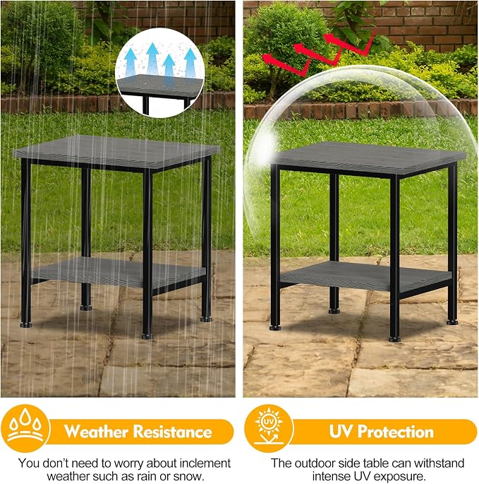 NANANARDOSO 2 Tier Outdoor Side Table with Storage, Adirondack Square Weatherproof End Table for Patio, Garden, Backyard, Porch, Deck, Balcony, Poolside-Grey