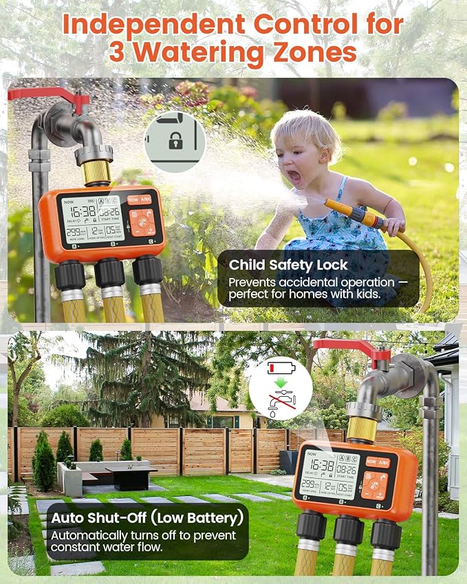 Sprinkler Timer 3 Zone with Brass Inlet Water Timer for Garden Hose Programmable Hose Faucet Controller with Independent Zone Control Custom Rain Delay Manual&Auto Watering Child Lock for Yard Lawn