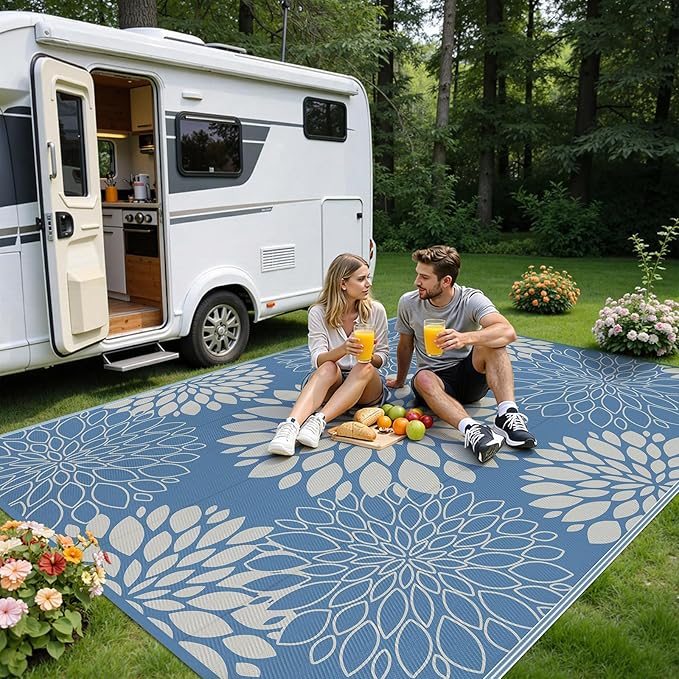 Ileading Waterproof Outdoor Rug 8x10, Reversible Plastic Straw Patio Rug, Portable Indoor Outdoor RV Camping Mat Carpet for Deck, Porch, Balcony, Backyard, Picnic, Floral Dusty Blue