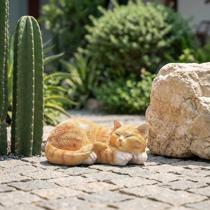 Sleeping Cat Statue, Outdoor Cat Sculpture & Figurine Lawn Ornament, Orange Tabby Statue for Patio, Lawn, Yard Decorative, Cute Kitten Garden Decor