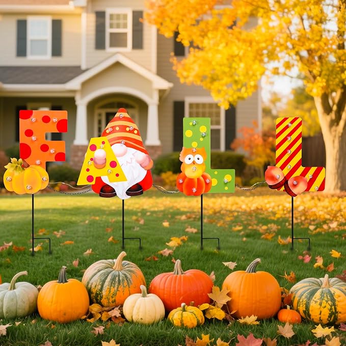 Fall Yard Decor Outdoor Autumn Harvest Garden Stakes with LED Light Squirrel Gnome Letter Pumpkin Yard Sign with Stakes Fall Thanksgiving Decoration for Home Outside Lawn Garden Holiday Decor