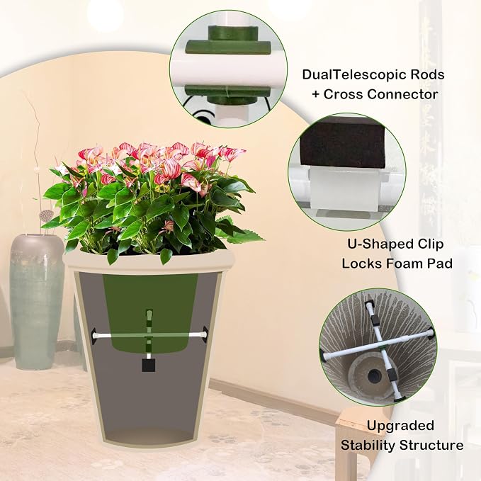 Adjustable Planter Inserts with Dual Telescopic Rods & Cross Connector, Upgraded Adjustable Plant Stand Insert with U-Shaped Clips, Heavy-Duty Plant Lifters for Inside Pots(2, White)