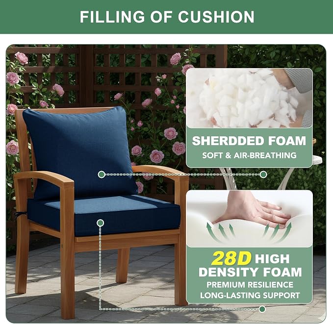 Summsun Outdoor Chair Cushions, Faux Linen Backrest and Deep Seat Cushion Set for Patio Furniture with Weather Resistant Removable Cover, Ties, Non-Slip Bottom, 22 x 22 Inch, Navy, Set of 2