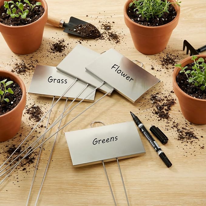 Landhoow 30 Pcs Large Garden Plant Markers Metal Plant Labels Sign 5'' x 3'' with 21'' Stake Weatherproof Waterproof Garden Sign for Outdoor Seedlings Herbs Vegetable Greenhouse, Sliver