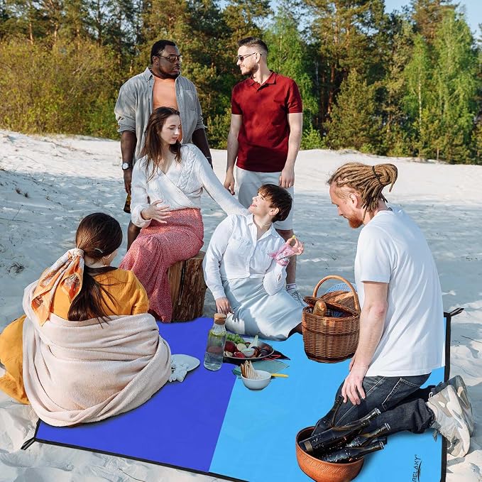 Frelaxy Pocket Picnic Blanket, Waterproof Sandproof Beach Mat, Compact Camping Tarp for Festivals, Hiking, Travel, Outdoor Recreation (Navy & Blue, 57'' x 60'')