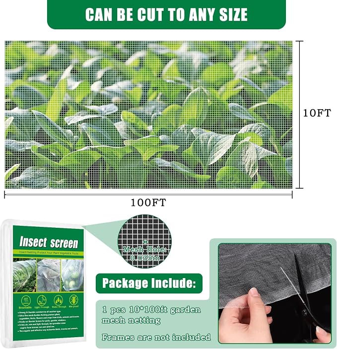 10 X 100 FT Garden Mesh Netting Pest Barrier for Raised Beds, Fruit Tree Netting for Cicadas, Bird Insect Nettings for Garden, Blueberry Bush Strawberry Netting Cover for Garden Protection