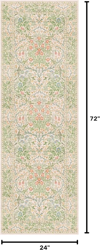 Non Slip Beige Green Bathroom Runner Rug - Long Runner Rugs 24 x 72 Washable Kitchen Floor Mat, Laundry Room Rug, Hallway Runner - Vintage Floral Design Décor (2x6 Beige Green)
