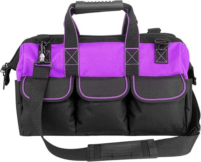 Garden Tools Bag 16 inch Wide Mouth Tool Bag with Molded Base Tool Tote for Women, Heavy Duty,600D polyester fabric (Purple color)