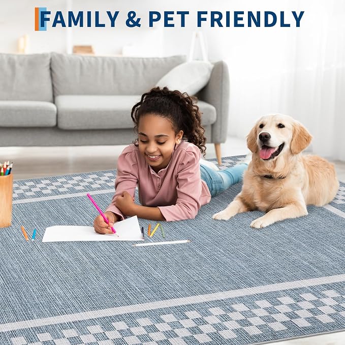 GarveeHome Washable Runner Rug 2x10 Modern Bordered Hallway Runner Rug | Non Slip Kitchen Throw Carpet Checkered Bathroom Entryway Low Pile Solid Area Rugs for Living Room Bedroom Nursery Sink, Blue
