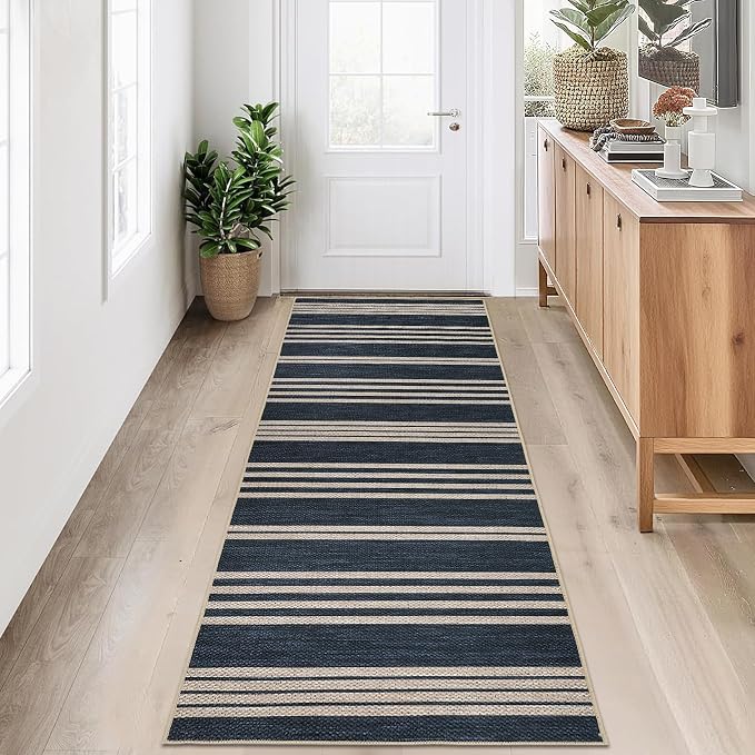 Garvee 2x6 Easy Jute Kitchen Rugs Washable Rugs for Hallway, Navy | Modern Line Print Area Rug Stain Resistant Easy Cleaning Throw Rugs Low Pile Floor Cover for Bedroom Laundry