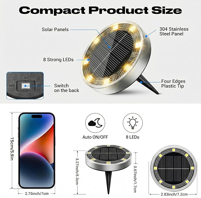Peasur Solar Lights Outdoor Waterproof -12 Pack Solar Ground Lights Anti-Rust, Flat Solar Powered Disc Lights Landscape Lighting for Deck Step Patio Yard Pathway Walkway Driveway Garden, Warm White