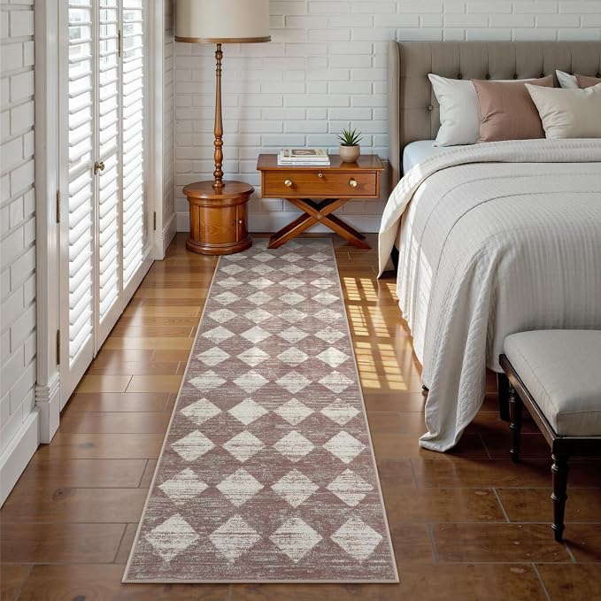 Checkered Runner Rug 2x8 Beige, Hallway Kitchen Bathroom Non Slip Washable