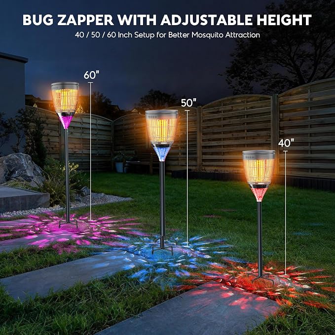 Solar Bug Zapper Outdoor, Mosquito Zapper with Flame Light & RGB Projector | Solar Powered & USB Rechargeable, IP65 Waterproof 4200V Electric Mosquito Killer for Yard Garden Camping 2000 Sq Ft