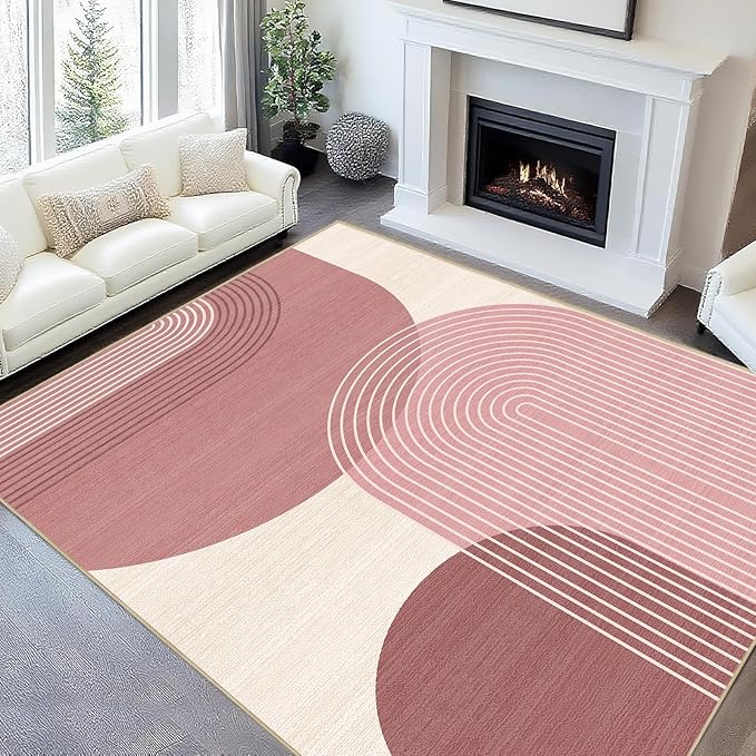 Large Area Rug 6x9 Boho Rug Living Room Bohemian Rugs Machine Washable Modern Geometric Rug Non Slip Printed Low Pile Indoor Floor Carpet for Dining Room Bedroom Office,Pink