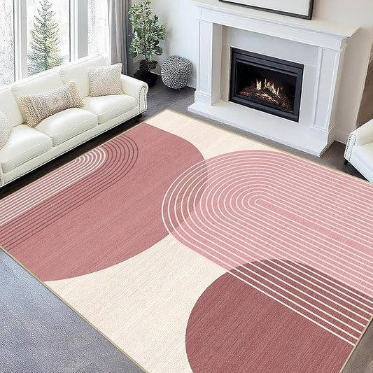 Large Area Rug 6x9 Boho Rug Living Room Bohemian Rugs Machine Washable Modern Geometric Rug Non Slip Printed Low Pile Indoor Floor Carpet for Dining Room Bedroom Office,Pink