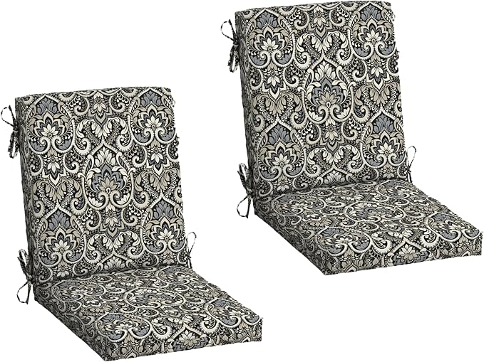 Arden 2-Pack Patio Dining Outdoor Chair Cushions, 20x44, Rain-Proof Seat Pad, Fade-Resistant Outdoor Cushion Black Aurora Damask