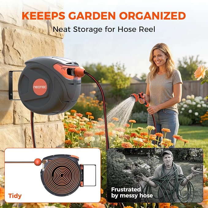 33ft Retractable Garden Hose Reel 1/2 inch, Compact Wall Mount Water Hose with Easy Rewind System, Space-Saving Hose Box for Small Patio, Deck & Balcony, 9-Function Nozzle Included