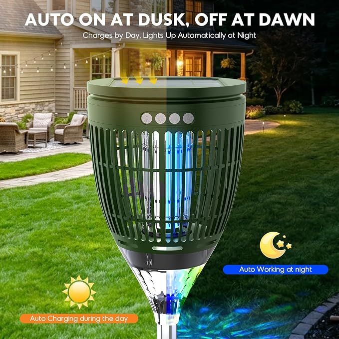 Solar Bug Zapper Outdoor, Mosquito Zapper with Flame Light & RGB Projector | Solar Powered & USB Rechargeable, IP65 Waterproof 4200V Electric Mosquito Killer for Yard Garden Camping 2000 Sq Ft