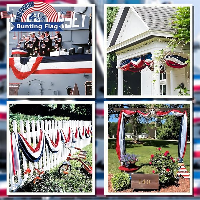 3x30Ft American Bunting Flag Patriotic Decor for Outside USA Celebration 250th Anniversary 4th of July Labor Day and Veterans Day Decorations American Red White Blue Stripe Bunting Banner