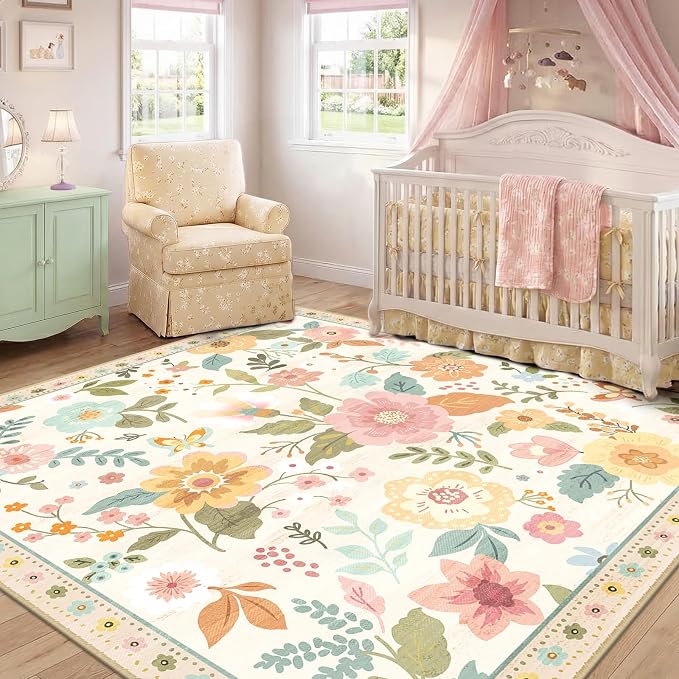 RELEANY Floral Washable Square 5ft Area Rug Beige/White/Orange | Flower Carpet, Print, Boho, Non-Slip, Easy to Clean, Soft, Low Pile for Living Room Bedroom Kitchen Office Entryway Hallway