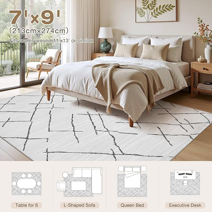 kakania Washable 7x9 Area Rug for Living Room: Boho Geometry Home Decor | Soft Stain Resistant, Low-Pile, Non-Slip, Pet & Kid Friendly, Thin Rug for Bedroom/Dining Room/Kids Dorm - Light Grey
