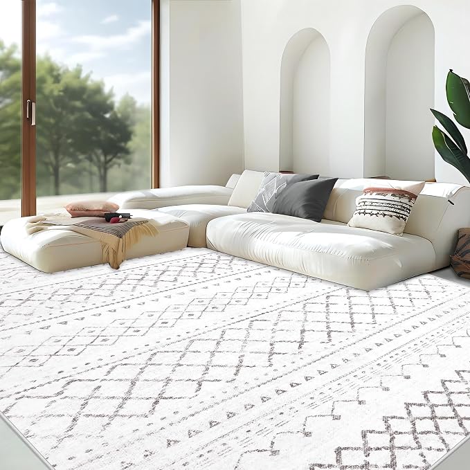 Area Rug for Living Room 9x12: Large Washable Boho Moroccan Rugs Geometric Neutral Rug, Non-Slip Foldable Morden Farmhouse Indoor Floor Carpet for Bedroom Dining Table Home（Dark Grey,9X12）