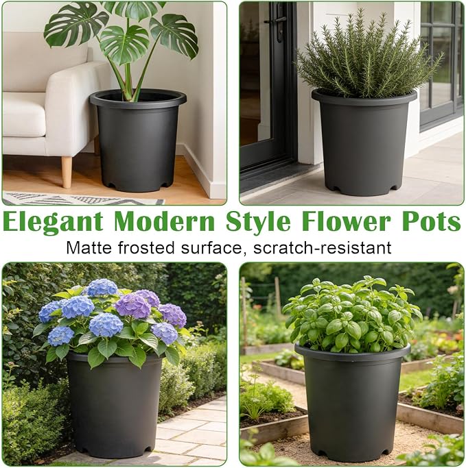 16 inch Deep Large Planters for Outdoor Plants, 4-Pack Plastic Plant Pots with Drainage Holes for Indoor Outdoor Gardening, Heavy Duty Garden Planter Flower Pots, (16" Top Dia × 15" Tall), Dark Gray