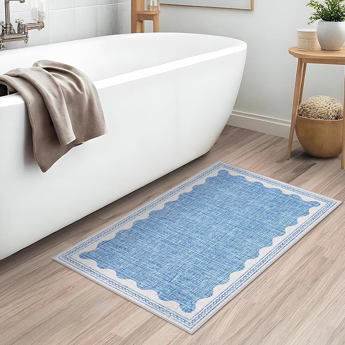 2x3 Scalloped Area Rugs Blue Washable Entryway Bedroom Rug | Solid Small Area Rug Non Slip Scalloped Bath Mat, Front Door Mat Indoor Entrance,Soft Girls Nursery Dorm Carpet for Kitchen
