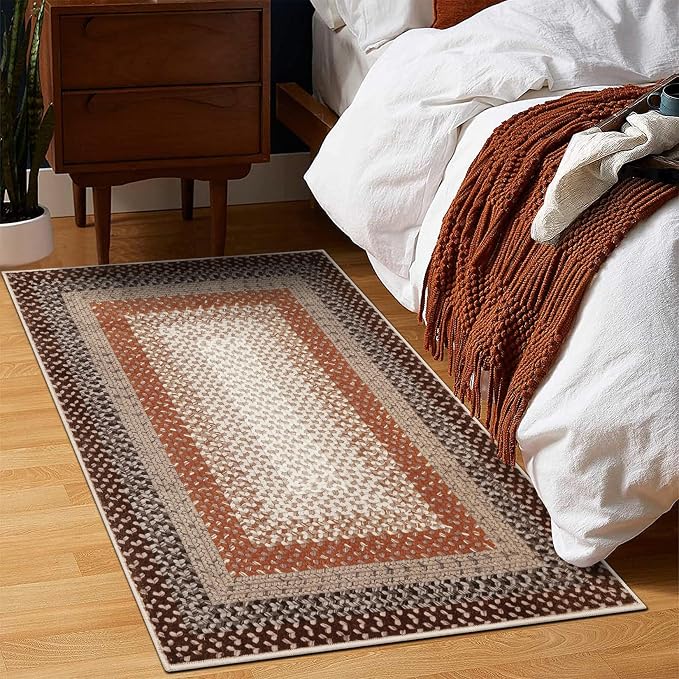 RUGSREAL Entryway Area Rug 2x3 Small Machine Washable Bedroom Rug Non Slip | Bathroom Mat Stain Resistant Kitchen Farmhouse Carpet Modern Rustic Area Rugs for Living Room Dining Room, Brown/Rust