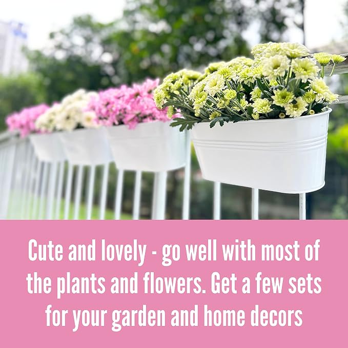 LaLaGreen Rail Planter Outdoor Plants (11.8 Inch, 12 Pack) White Metal Iron Hanging Flower Pots Deck Railings Fence Buckets Modern Countryside Boho Style Wall Mount Window Box Holder Hooks Porch Decor