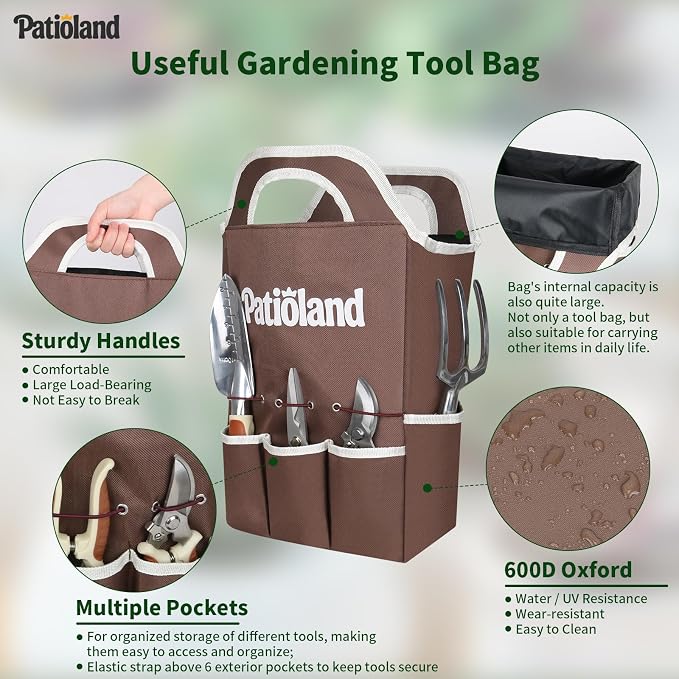10-Piece Brown Garden Tool Set, Patioland Aluminum Gardening Hand Tools Kit W/Ergonomic Non-Slip Handles,Organizer Tote Bag, Apron, Gloves,Complete Starter Garden Supplies Gardener Gift for Women Men