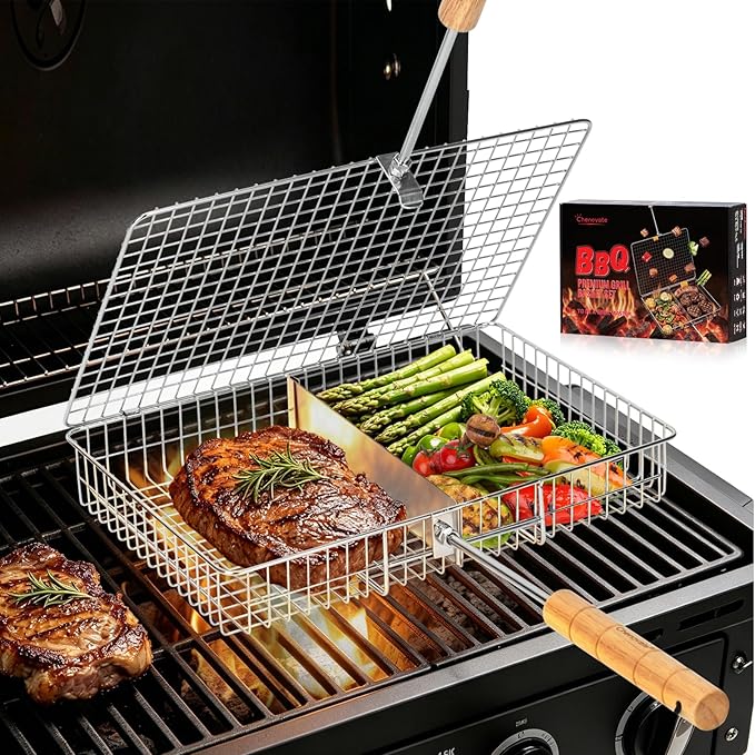 Grill Baskets for Outdoor Grill,Removable Wooden Handle and Divider Panel,BBQ Accessories for Grilling Fish,Veggies,Shrimp,Meat,Premium 304 Stainless Steel,Grilling Tools for Outdoor Cooking & Picnics,Gifts for Father’s Day,Birthday,Festival,Anniversary