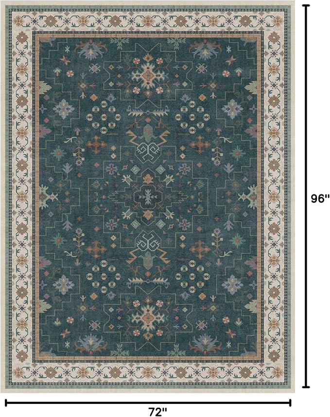 Vintage Dark Green 6x8 Dining Room Rugs for Under Kitchen Table - Washable Livinig Room Rug - Unique Floral Pastel Low Pile Non-Slip Area Rugs for Bedroom