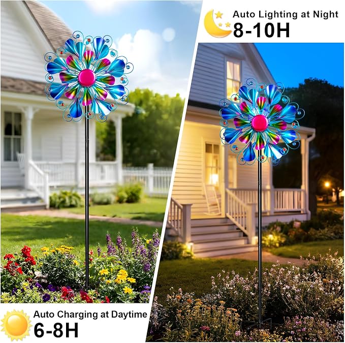 60'' Wind Spinner with Color Glass Ball Solar Lights, Blue Peacock Feathers Metal Garden Outdoor Decor Yard Lawn Art Decor for Patio Kinetic Windmills Unique Gifts for Friends and Family