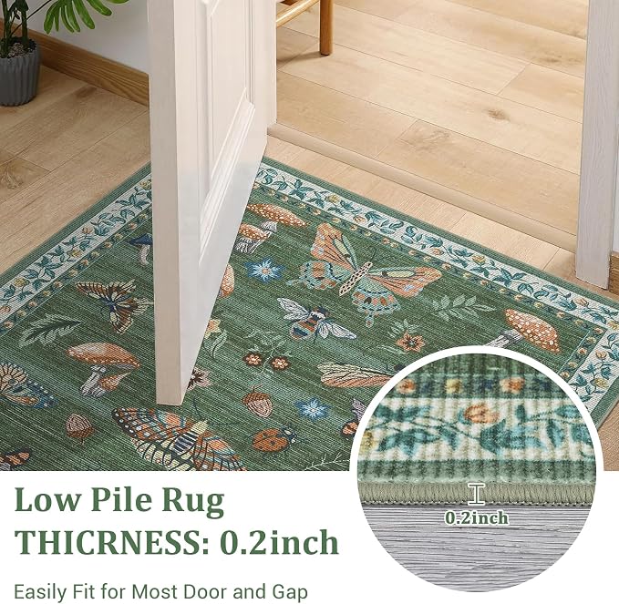 Mushroom Insect 8ft Round Rug Washable Non-Slip Soft Ultra-Thin Large Boho Circle Carpet for Entryway Kitchen Bedroom Nursery Dining Room Green