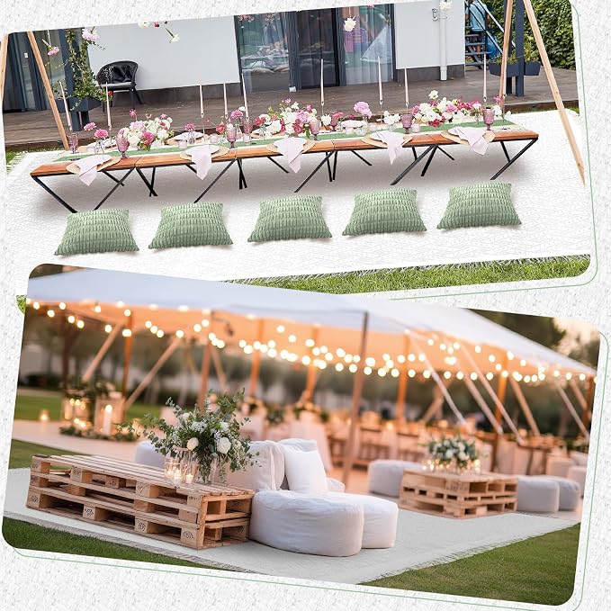 Beeveer 8 Pcs Sage Green Picnic Kit Extra Large Outdoor Boho Picnic Blanket 91x71'', Low Table Runner, 6 Throw Pillow Covers, Woven Cotton Yarn Oversize Washable Beach Blanket for Camp Wedding Garden