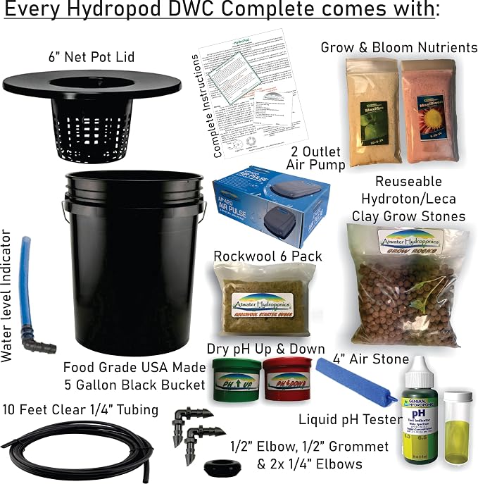 The Atwater HydroPod - DWC Deep Water Culture Garden System Kit - 5 Gallon Bubble Bucket - Bubbleponics - Nutrients & pH Testing/Adjusting Kits are Included!