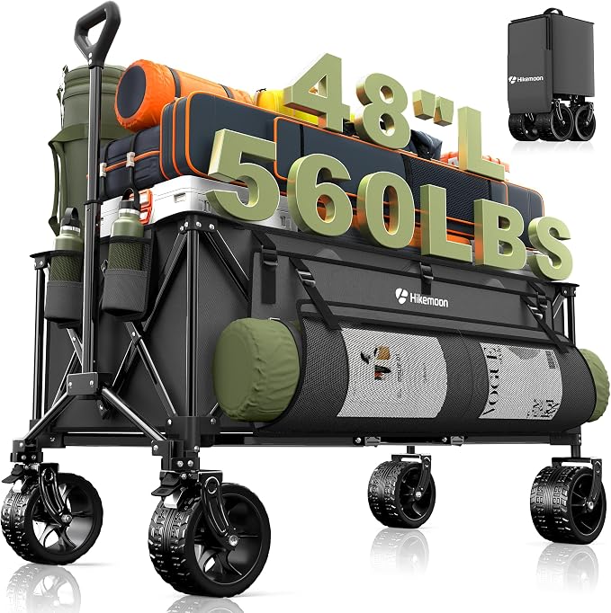 Hikemoon 300L Extra Large Wagons Carts Foldable, 560LBS Heavy Duty Collapsible Beach Wagon 48" Long with Big All-Terrain Wheels, Utility Folding Cart for Camping, Grocery, Sports, Garden, Grey